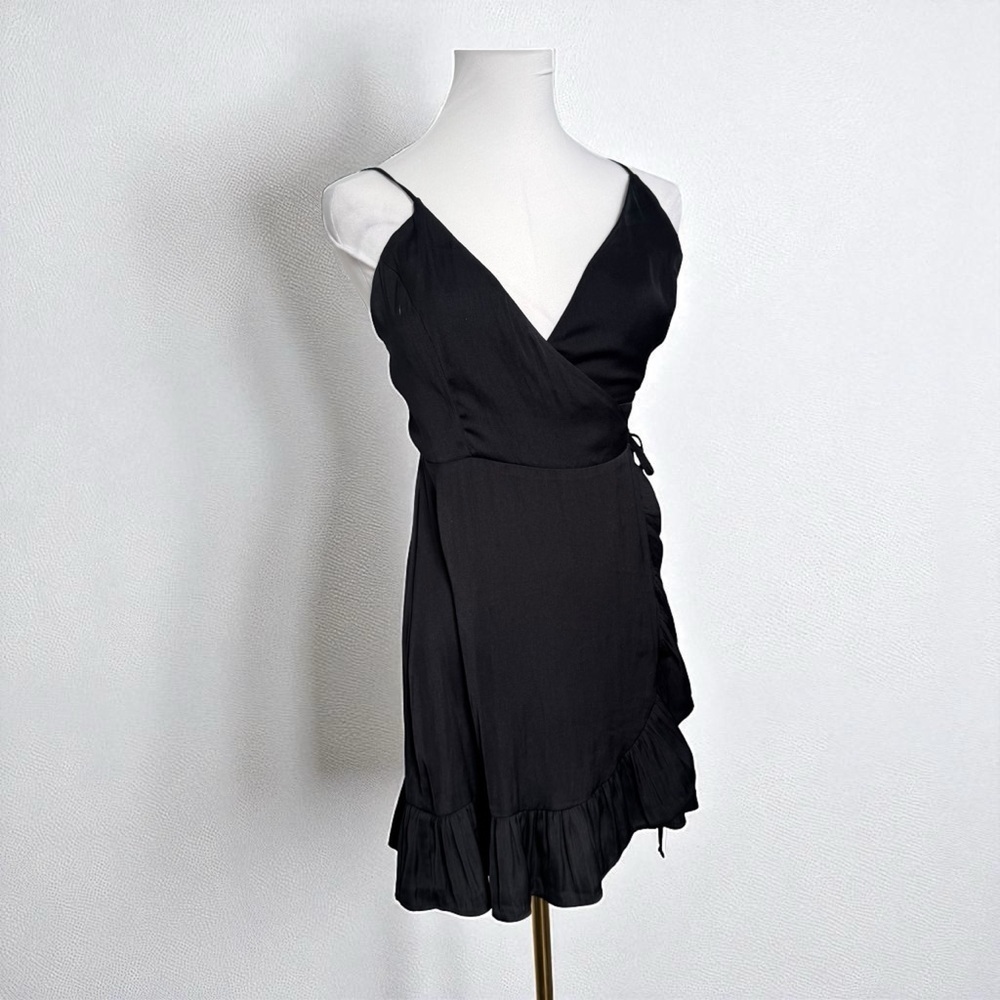 Free People Black Wrap Mini Dress – Ruffle Hem, Spaghetti Strap XS